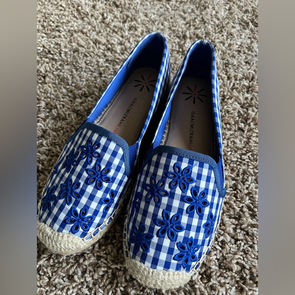 ISSACMIZRAHI Marilyn Blue Gingham Espadrilles with Floral Embroidery Size 6